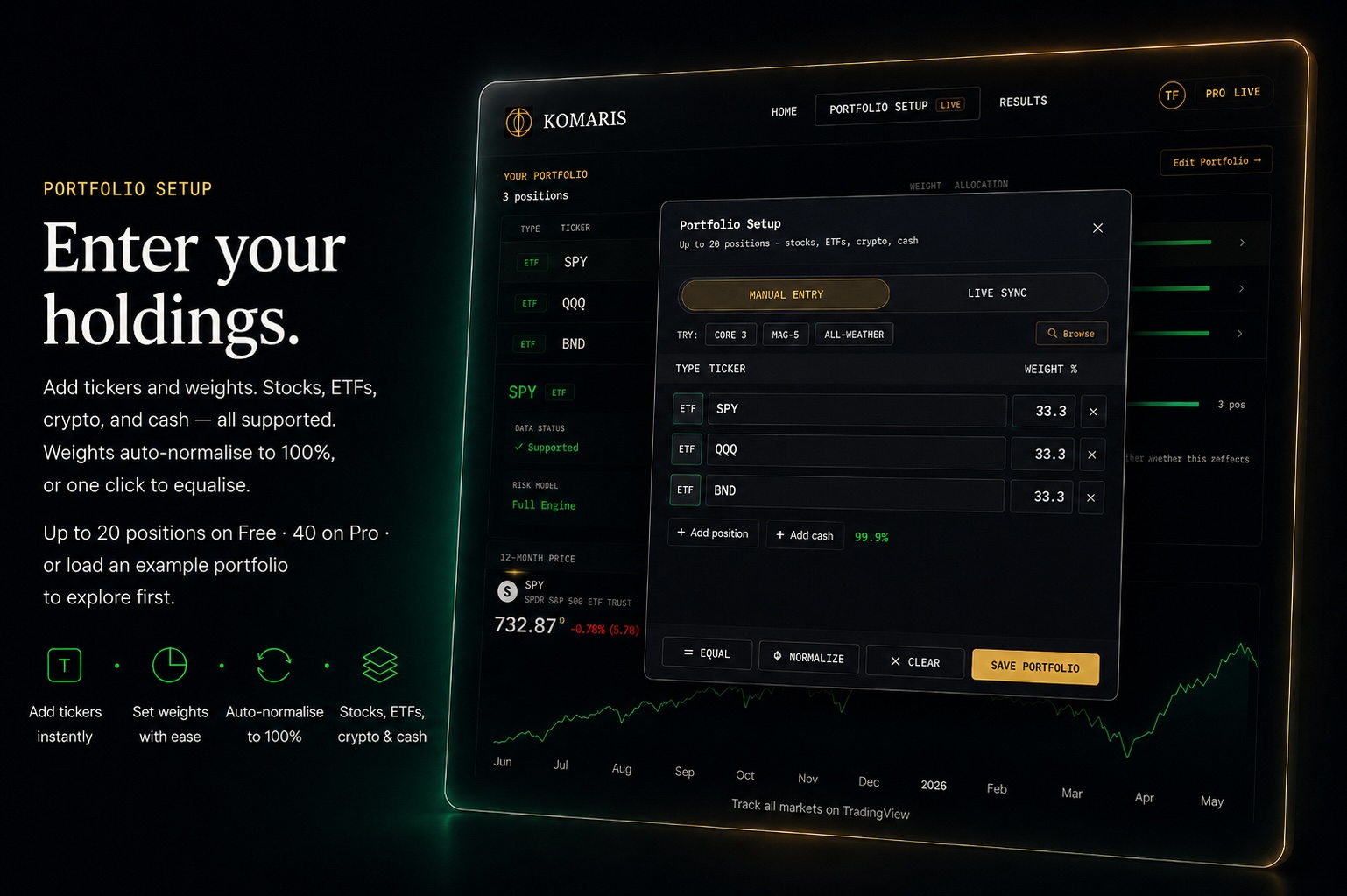 Portfolio setup — enter tickers and weights